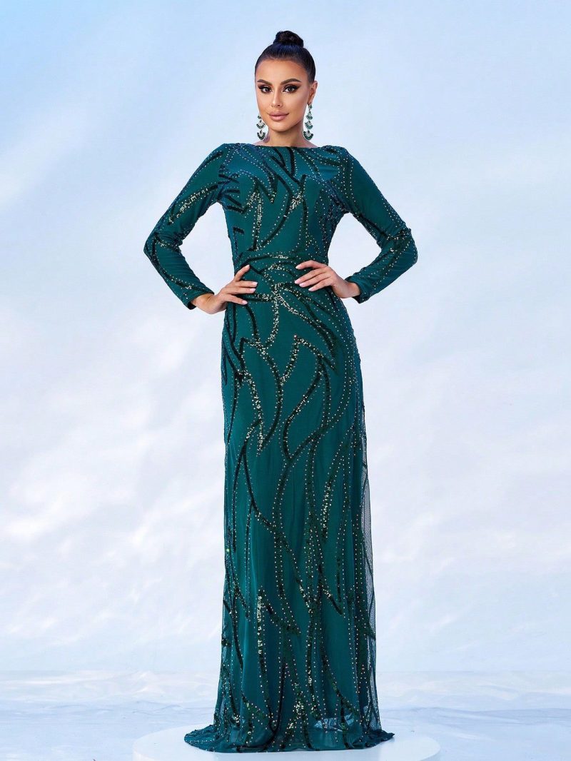 Long Sleeve Round Neck Sequin Evening Dress