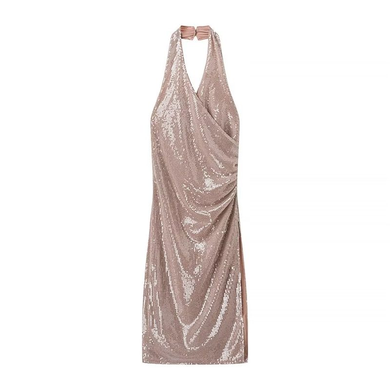 French Sequin Pleated Halter Women’s Dress