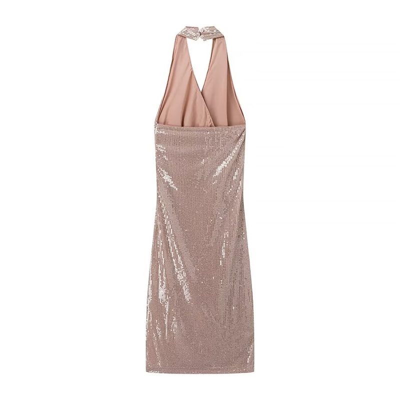French Sequin Pleated Halter Women’s Dress - Image 2