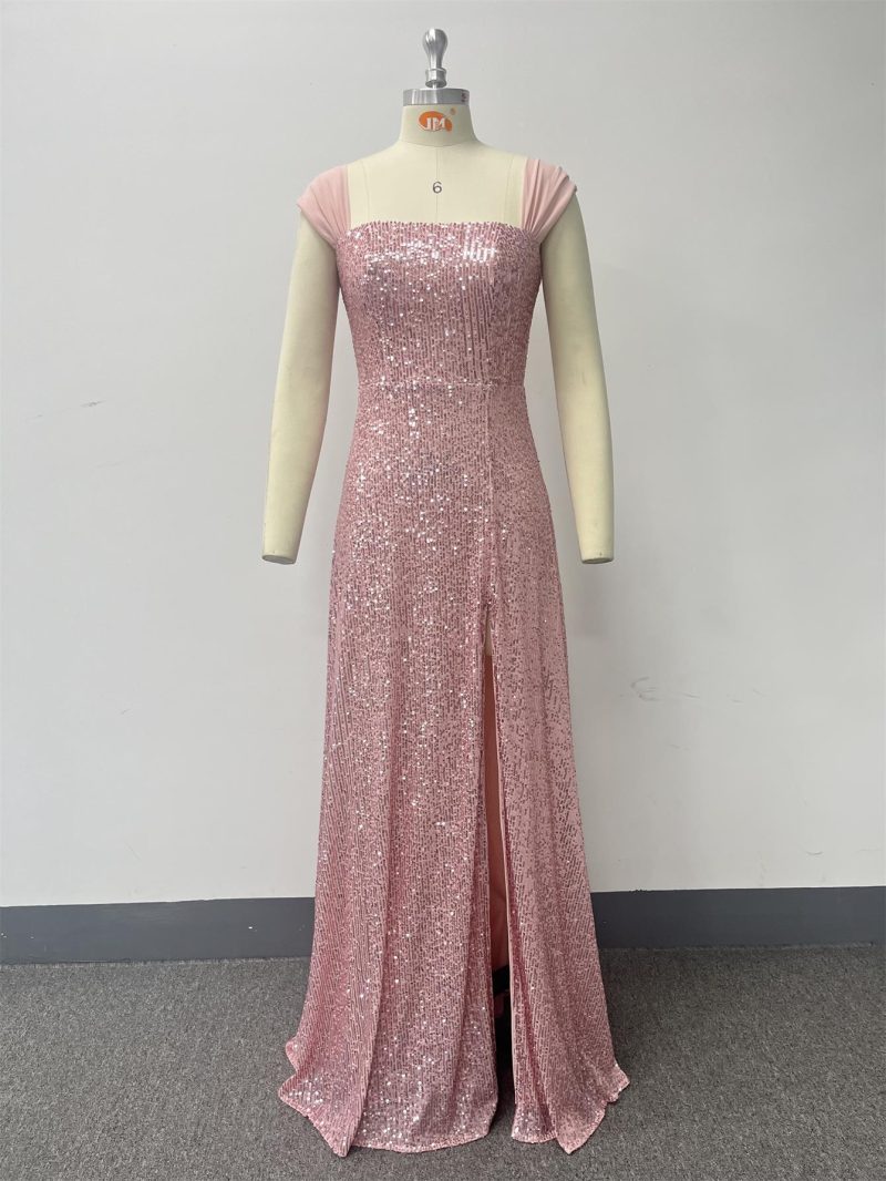 Sequined Spaghetti Strap High Slit Evening Dress - Image 4