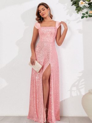 Sequined Spaghetti Strap High Slit Evening Dress