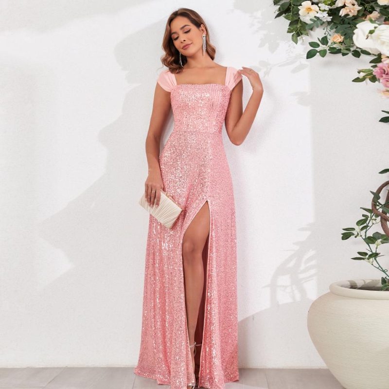 Sequined Spaghetti Strap High Slit Evening Dress