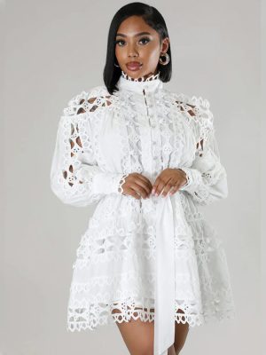 Women’s Lace Stitching Hollow Cutout Shirt Dress