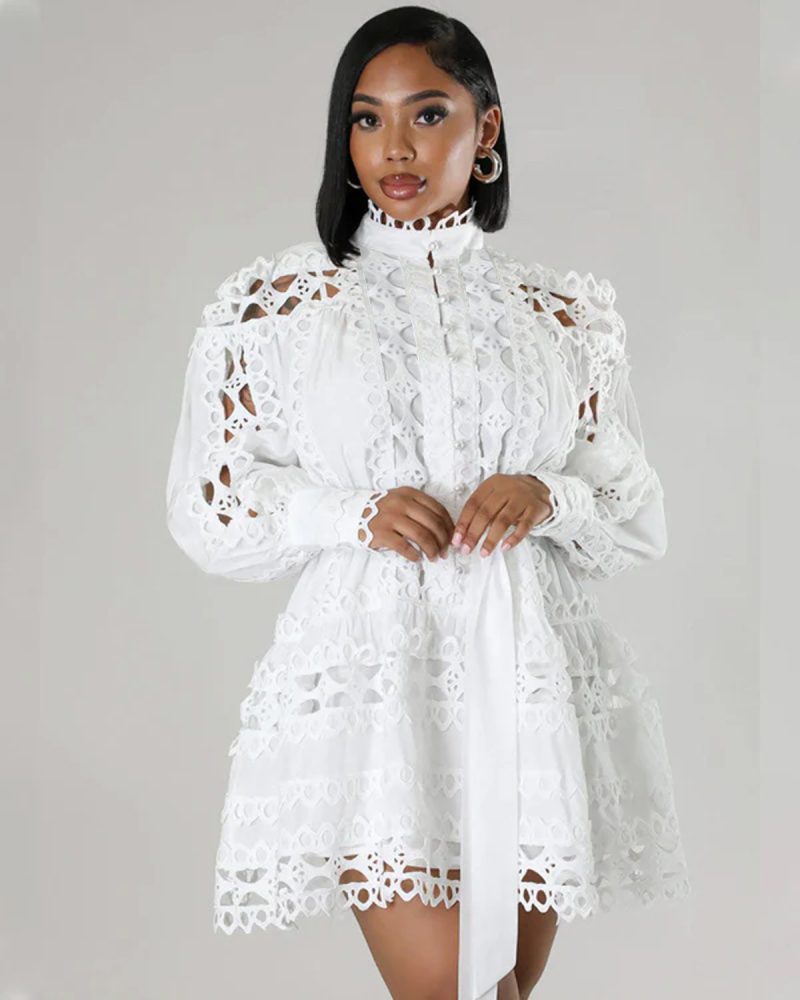 Women’s Lace Stitching Hollow Cutout Shirt Dress
