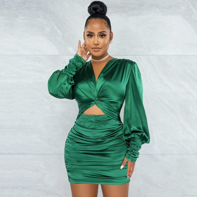 Sexy Solid Color Long Sleeve Cutout Midi Dress