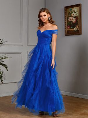 Elegant Off-Shoulder Mesh Slim Fit Evening Dress