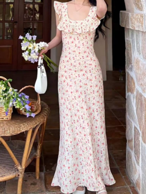 Sweet Floral Ruffled Slim Fit Spaghetti Dress