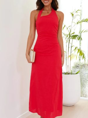 Red Sleeveless Backless Solid Maxi Dress