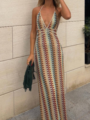 Spring Floral Knitted Strap Vacation Dress Women