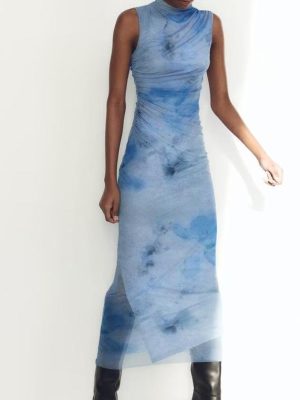 Sexy Mesh Floral Print Sleeveless Pleated Dress
