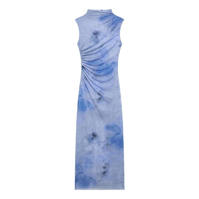 Sexy Mesh Floral Print Sleeveless Pleated Dress - Image 3