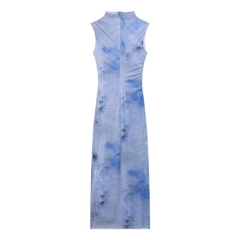 Sexy Mesh Floral Print Sleeveless Pleated Dress - Image 4