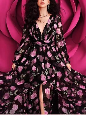 Elegant V-Neck Waist Tie Oversized Chiffon Maxi Dress