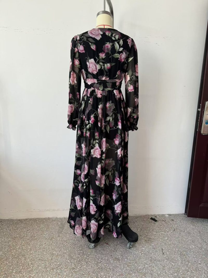 Elegant V-Neck Waist Tie Oversized Chiffon Maxi Dress - Image 4