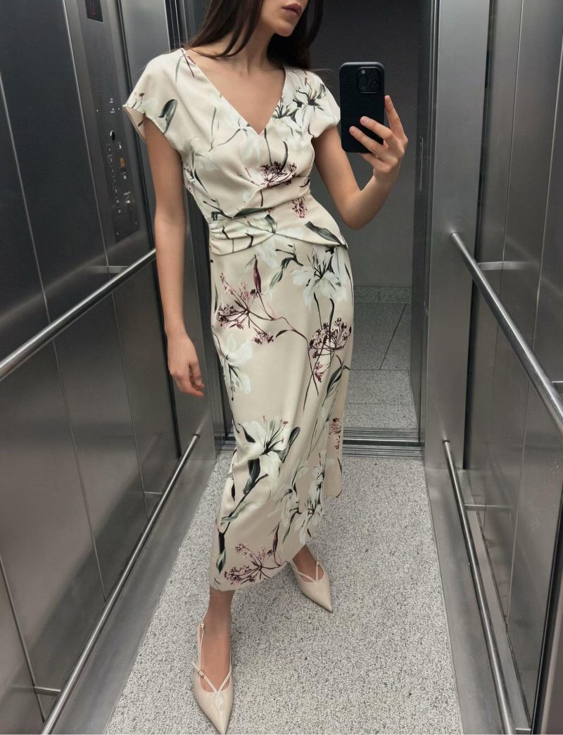 Floral Print Sleeveless V-Neck High Waist Midi Dress