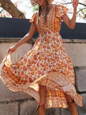 Floral Print Rayon Maxi Dress for Vacation