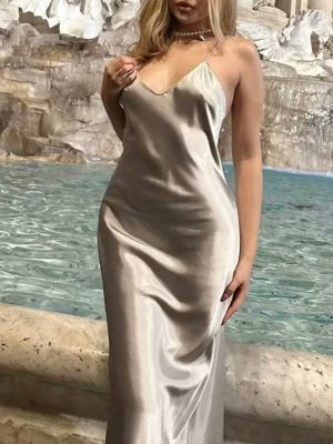 Spring Silk Satin Solid Color Sling Dress
