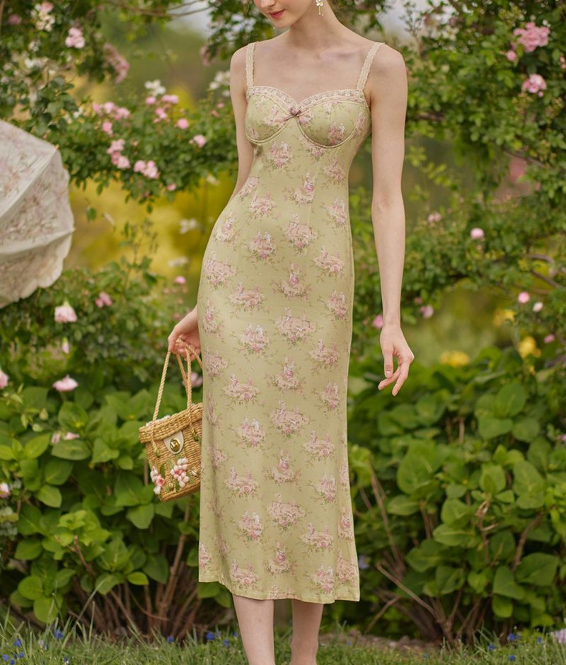 Pastoral Printed Bow Sheath Cami Dress