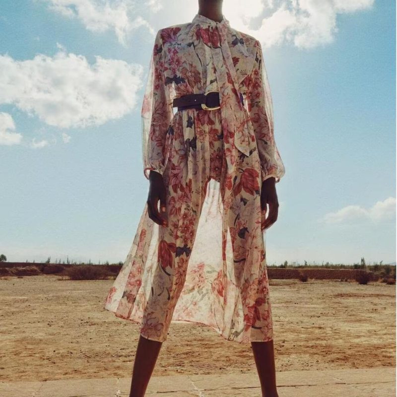 Spring Floral Belted French-Inspired Midi Dress