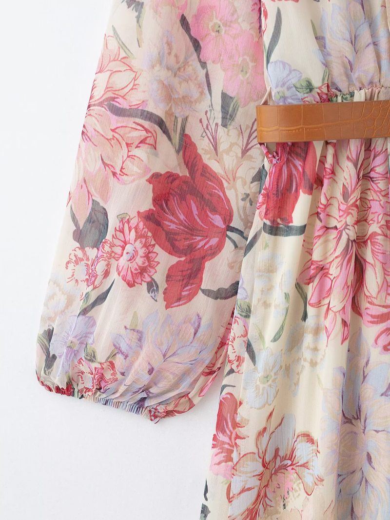 Spring Floral Belted French-Inspired Midi Dress - Image 3