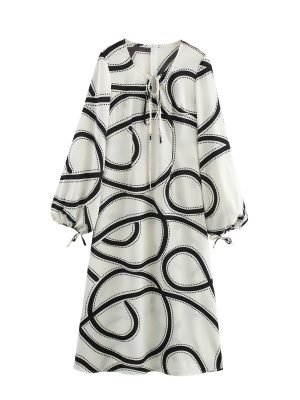 Printed A-Line Long Sleeve Beach Midi Dress