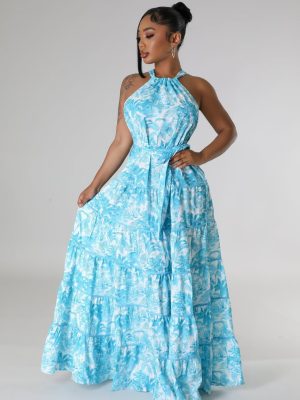 Floral Halter Strapless Lace-Up Waist Dress