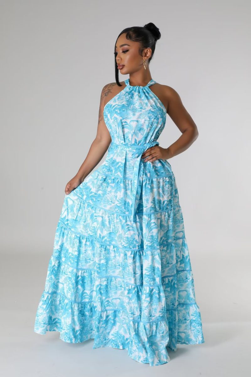 Floral Halter Strapless Lace-Up Waist Dress
