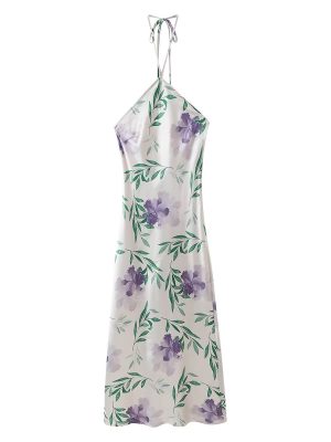 Slim Satin Printed Halter Spring Dress Women