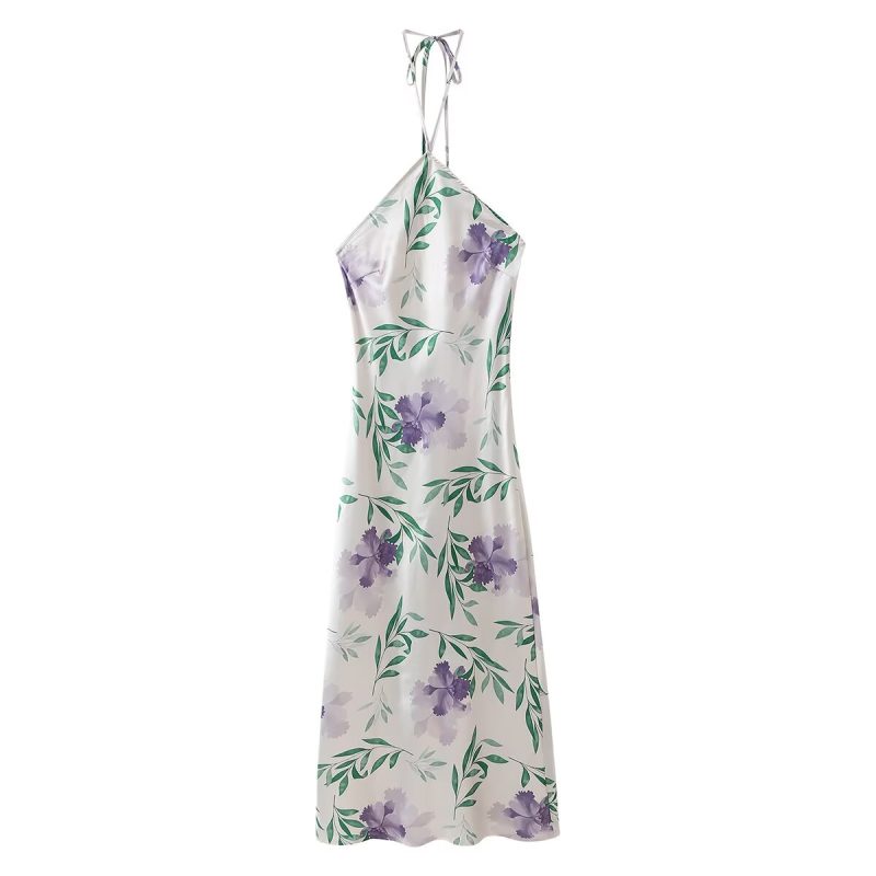 Slim Satin Printed Halter Spring Dress Women