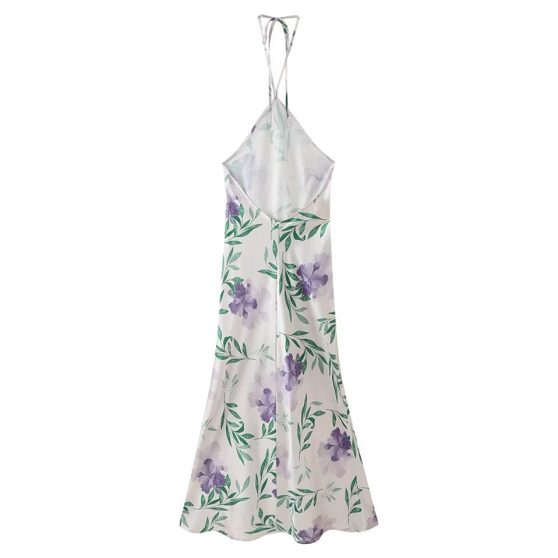 Slim Satin Printed Halter Spring Dress Women - Image 2