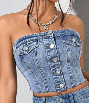 Slim Fit Washed Denim Smocking Bandeau Top