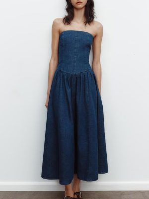 Off Shoulder Tube Top Midi Denim Dress