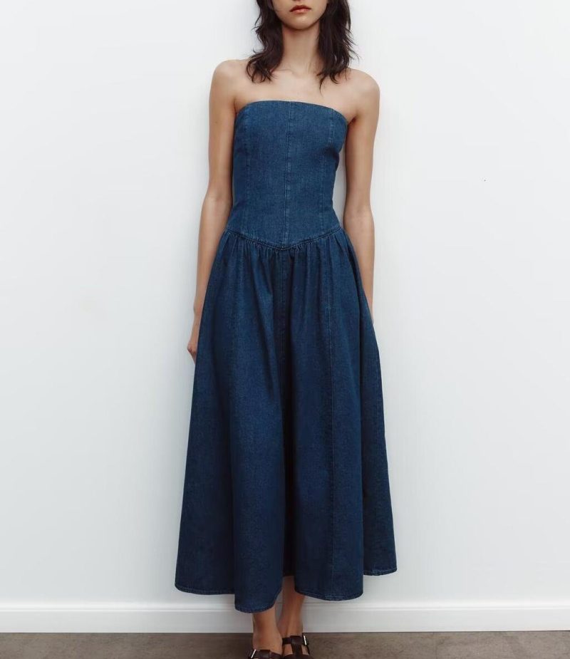 Off Shoulder Tube Top Midi Denim Dress