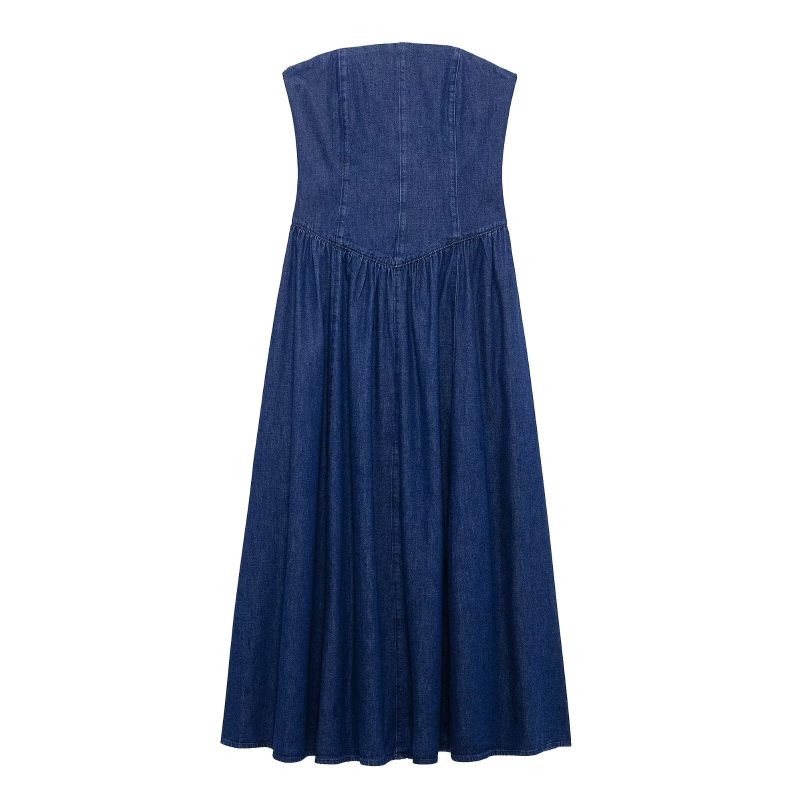 Off Shoulder Tube Top Midi Denim Dress - Image 3