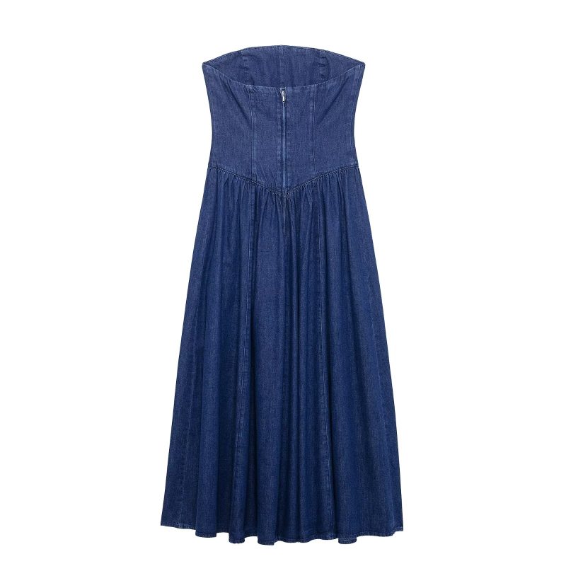 Off Shoulder Tube Top Midi Denim Dress - Image 4