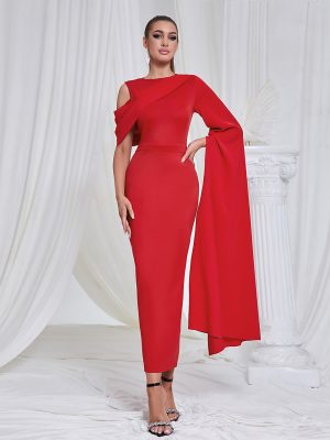 Off-Shoulder Long Sleeve Asymmetric Back Slit Dress