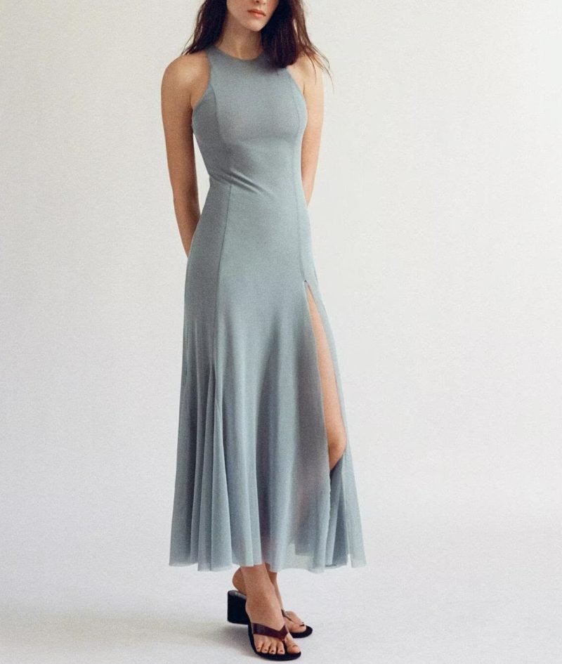 Slim Fit Wide Hem Silk Mesh Midi Dress