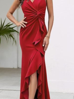 V-Neck Sleeveless Slim Ruffled Split Evening Dress