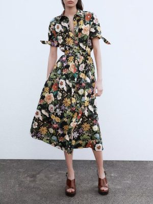 Floral Print Poplin Short Sleeve Midi Dress