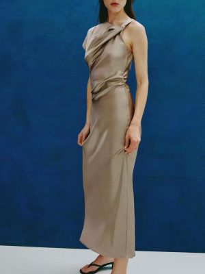 High-Grade Pleated Silk Satin Decorative Dress