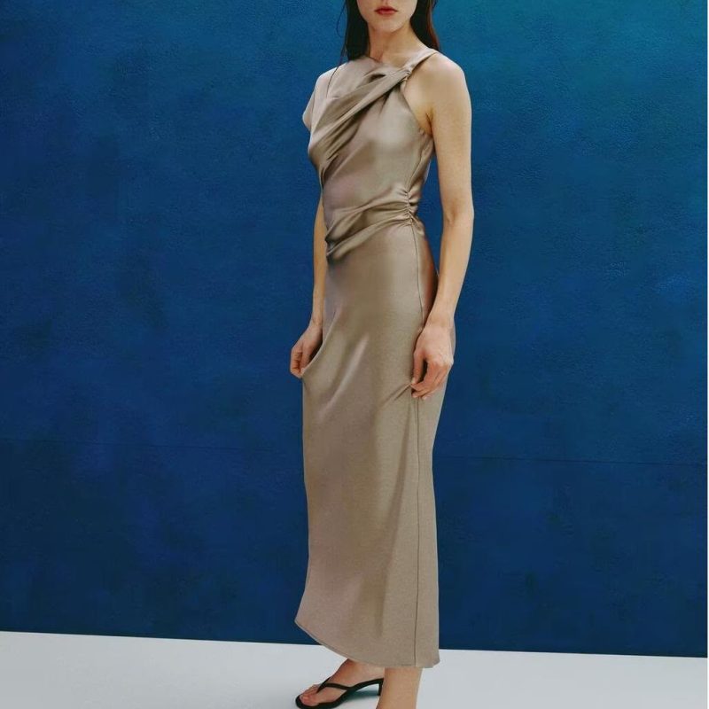 High-Grade Pleated Silk Satin Decorative Dress