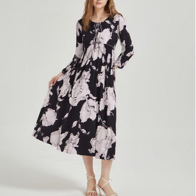 Bohemian Rayon Printed Tassel Loose Long Sleeve Dress