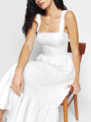 Square Collar Lace Strap Bow Midi Dress