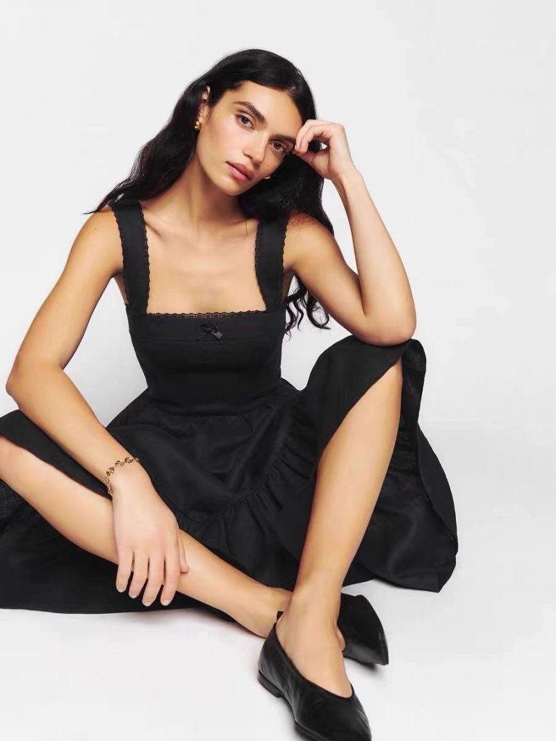 Square Collar Lace Strap Bow Midi Dress - Image 2