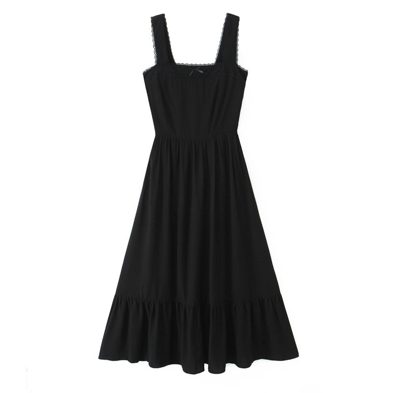 Square Collar Lace Strap Bow Midi Dress - Image 3