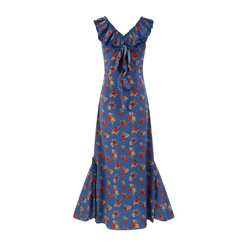 Floral V-Neck Flounce Waist Slimming Dress