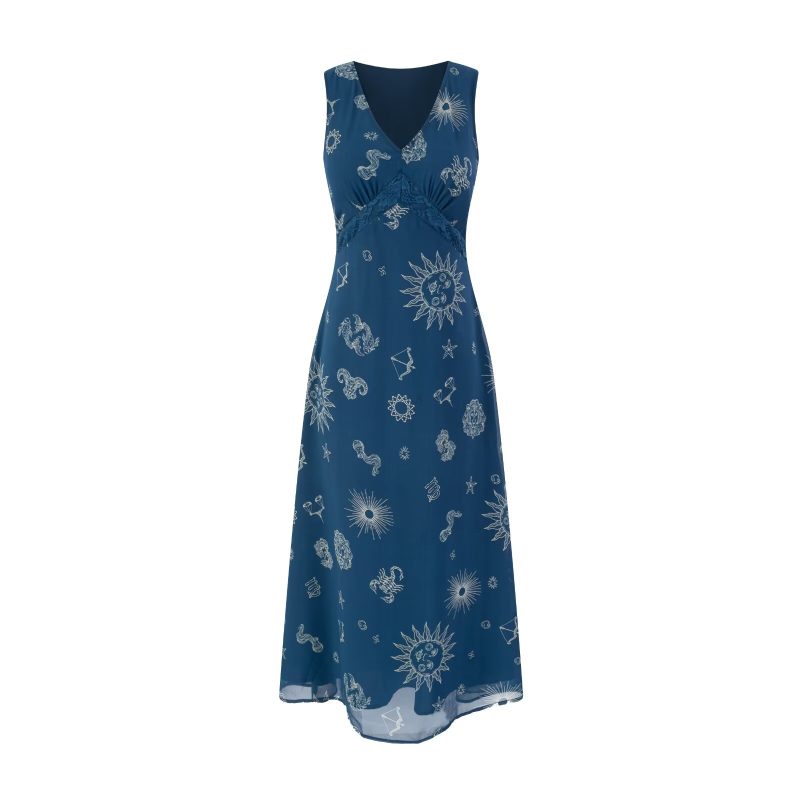 Retro Deep V Printed Lace-Up Waist Dress
