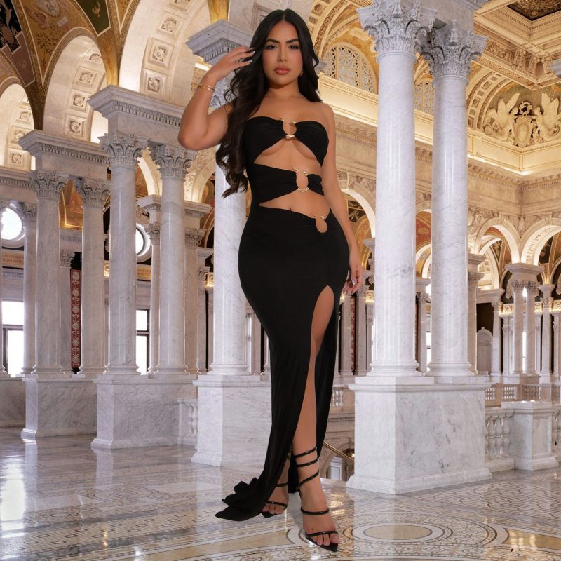Sexy Slim Fit Solid Color Slit Maxi Dress
