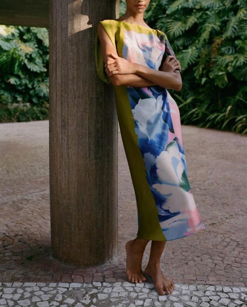 Summer Asymmetric Printed Waist-Defined Midi Dress