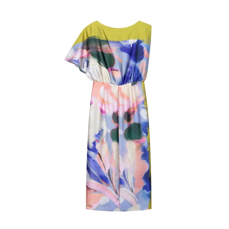 Summer Asymmetric Printed Waist-Defined Midi Dress - Image 2